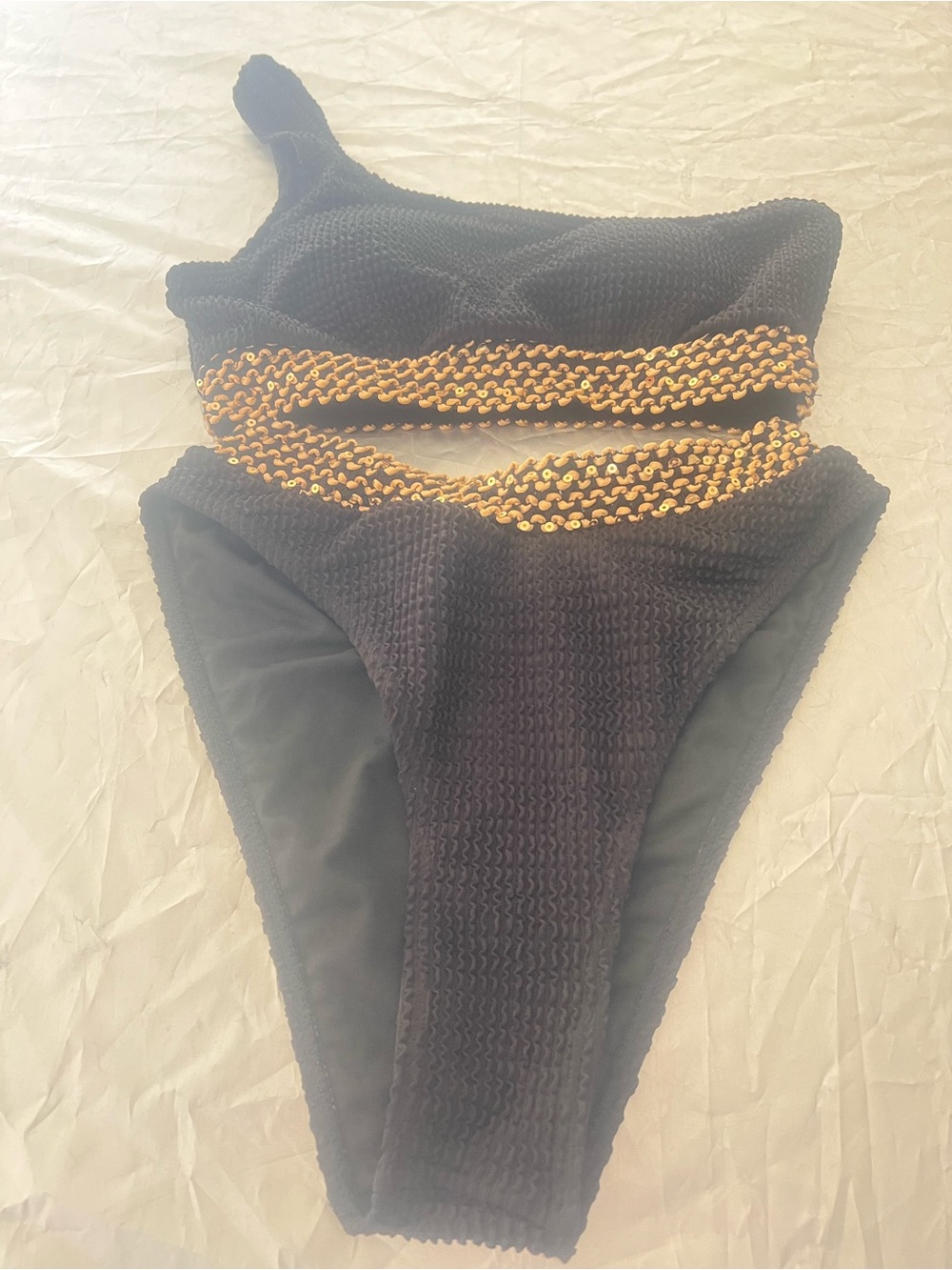 Black One-Shoulder Bikini with Gold Chain Detail